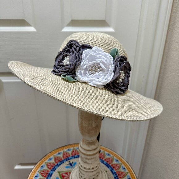 Women's Tweed Sun Hat Embellished With Satin Flowers & Pearls Special Event NEW - Picture 6 of 13